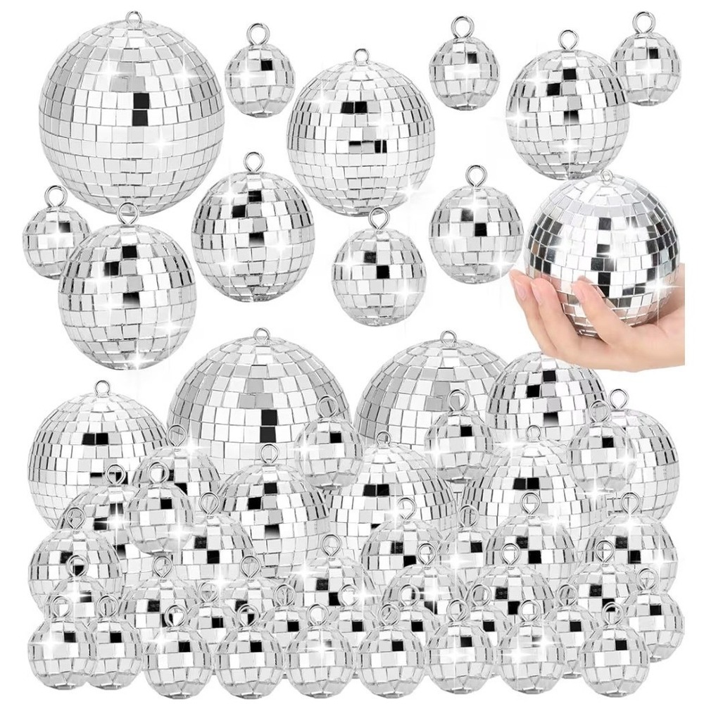 70pcs Silver Mirror Disco Ball Ornaments Assorted Sizes Retro Party Decor, 4-1"